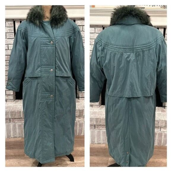 Vintage Utex Women's Snap Front Quilted Down Fur Trim Long Coat Jacket Green 10 - Picture 1 of 16
